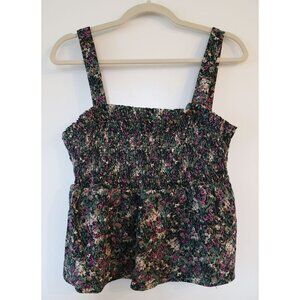 Reitmans Sleeveless Smocked Linen Top Black Floral L